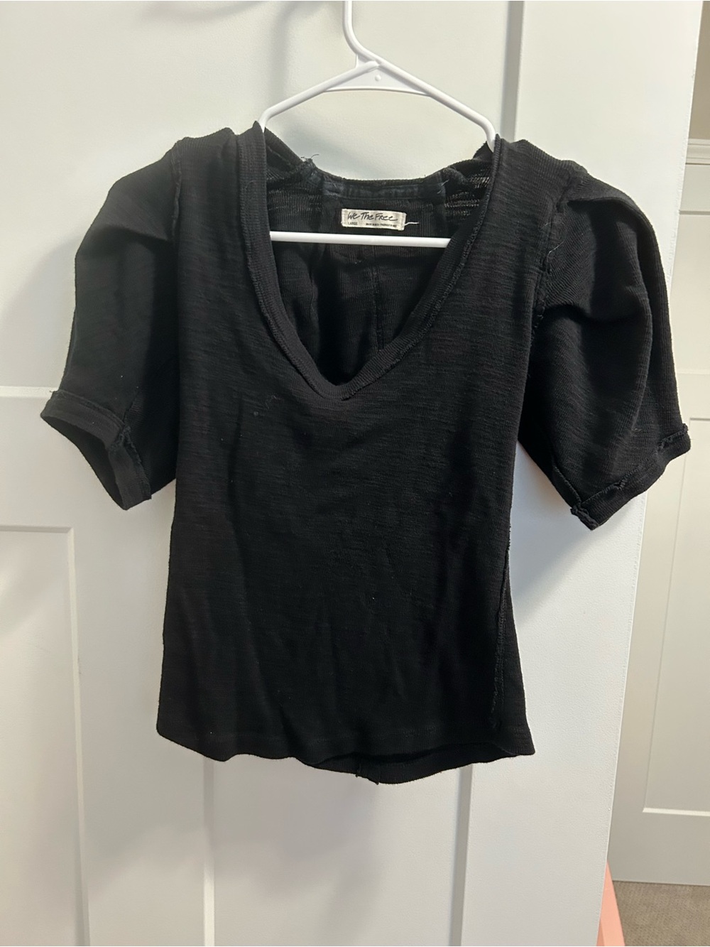 Free People Black V-Neck Puff Short Sleeve Top